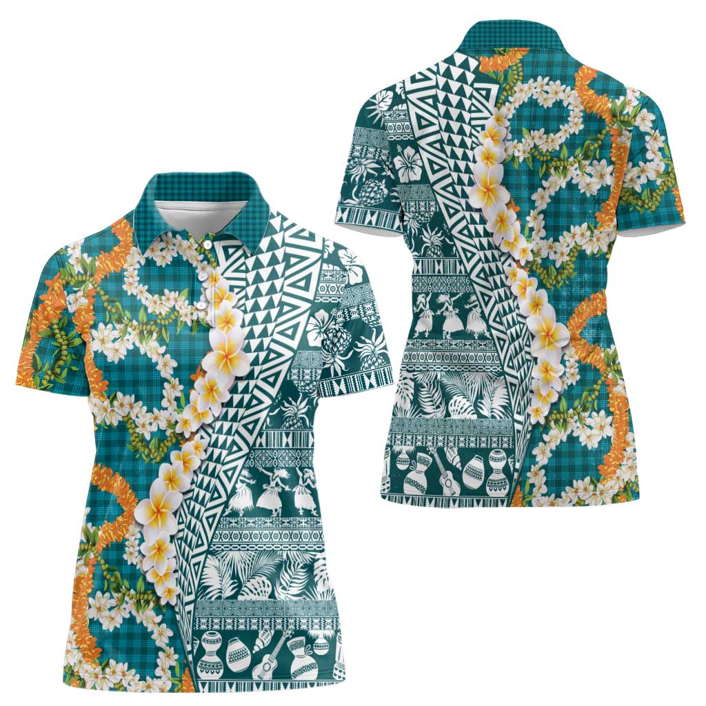 Hawaiian Plumeria Lei Women Polo Shirt Kakau Motifs and Palaka Half Style Turquoise Color LT03 - Polynesian Pride