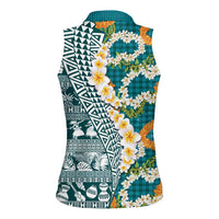 Hawaiian Plumeria Lei Women Sleeveless Polo Shirt Kakau Motifs and Palaka Half Style Turquoise Color LT03 - Polynesian Pride