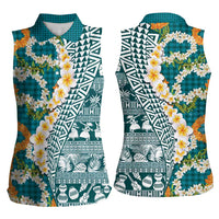 Hawaiian Plumeria Lei Women Sleeveless Polo Shirt Kakau Motifs and Palaka Half Style Turquoise Color LT03 - Polynesian Pride