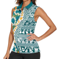Hawaiian Plumeria Lei Women Sleeveless Polo Shirt Kakau Motifs and Palaka Half Style Turquoise Color LT03 - Polynesian Pride