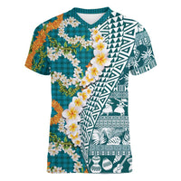 Hawaiian Plumeria Lei Women V-Neck T-Shirt Kakau Motifs and Palaka Half Style Turquoise Color LT03 Female Turquoise - Polynesian Pride