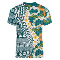 Hawaiian Plumeria Lei Women V-Neck T-Shirt Kakau Motifs and Palaka Half Style Turquoise Color LT03 - Polynesian Pride