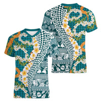 Hawaiian Plumeria Lei Women V-Neck T-Shirt Kakau Motifs and Palaka Half Style Turquoise Color LT03 - Polynesian Pride