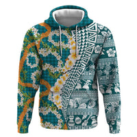 Hawaiian Plumeria Lei Zip Hoodie Kakau Motifs and Palaka Half Style Turquoise Color LT03 Pullover Hoodie Turquoise - Polynesian Pride