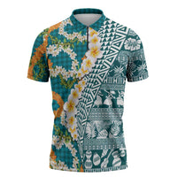 Hawaiian Plumeria Lei Zipper Polo Shirt Kakau Motifs and Palaka Half Style Turquoise Color LT03 Turquoise - Polynesian Pride