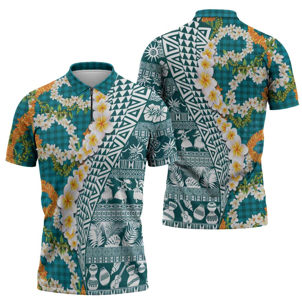 Hawaiian Plumeria Lei Zipper Polo Shirt Kakau Motifs and Palaka Half Style Turquoise Color LT03 - Polynesian Pride