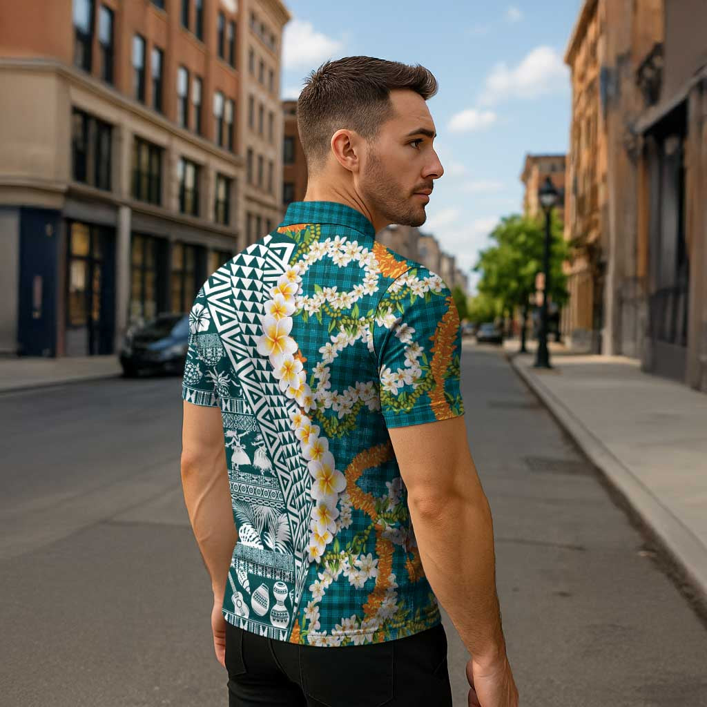 Hawaiian Plumeria Lei Zipper Polo Shirt Kakau Motifs and Palaka Half Style Turquoise Color LT03 - Polynesian Pride