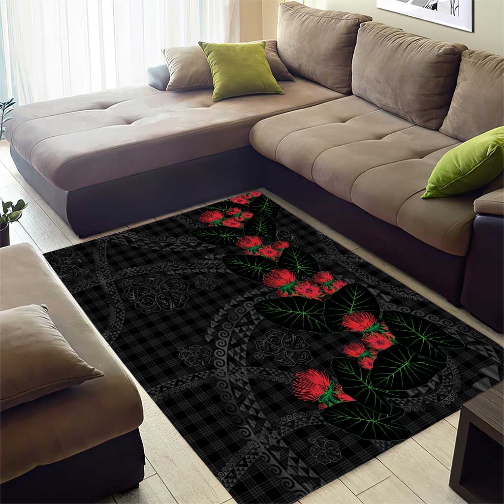 Hawaiian Kakau Art Area Rug Taro Leaves with Ohia Lehua and Pakala Pattern - Polynesian Pride