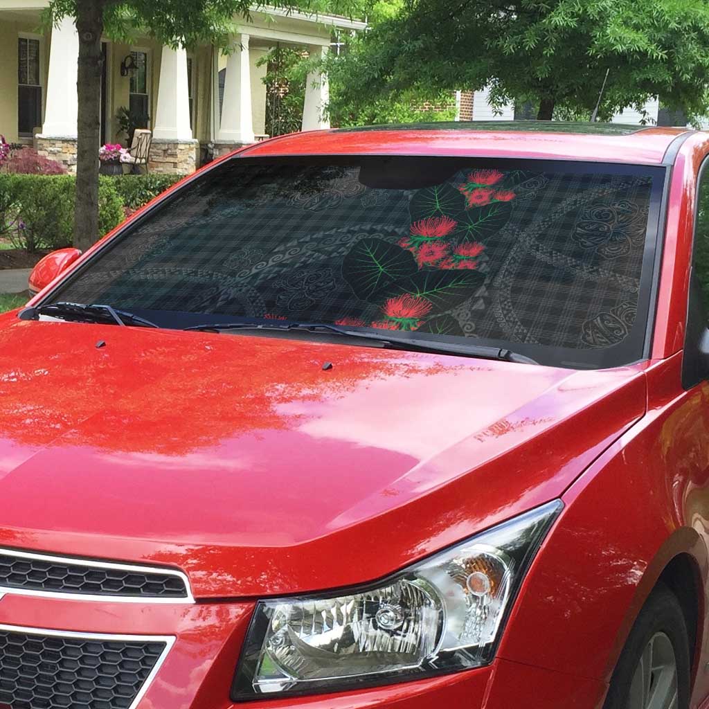 Hawaiian Kakau Art Auto Sun Shade Taro Leaves with Ohia Lehua and Pakala Pattern - Polynesian Pride