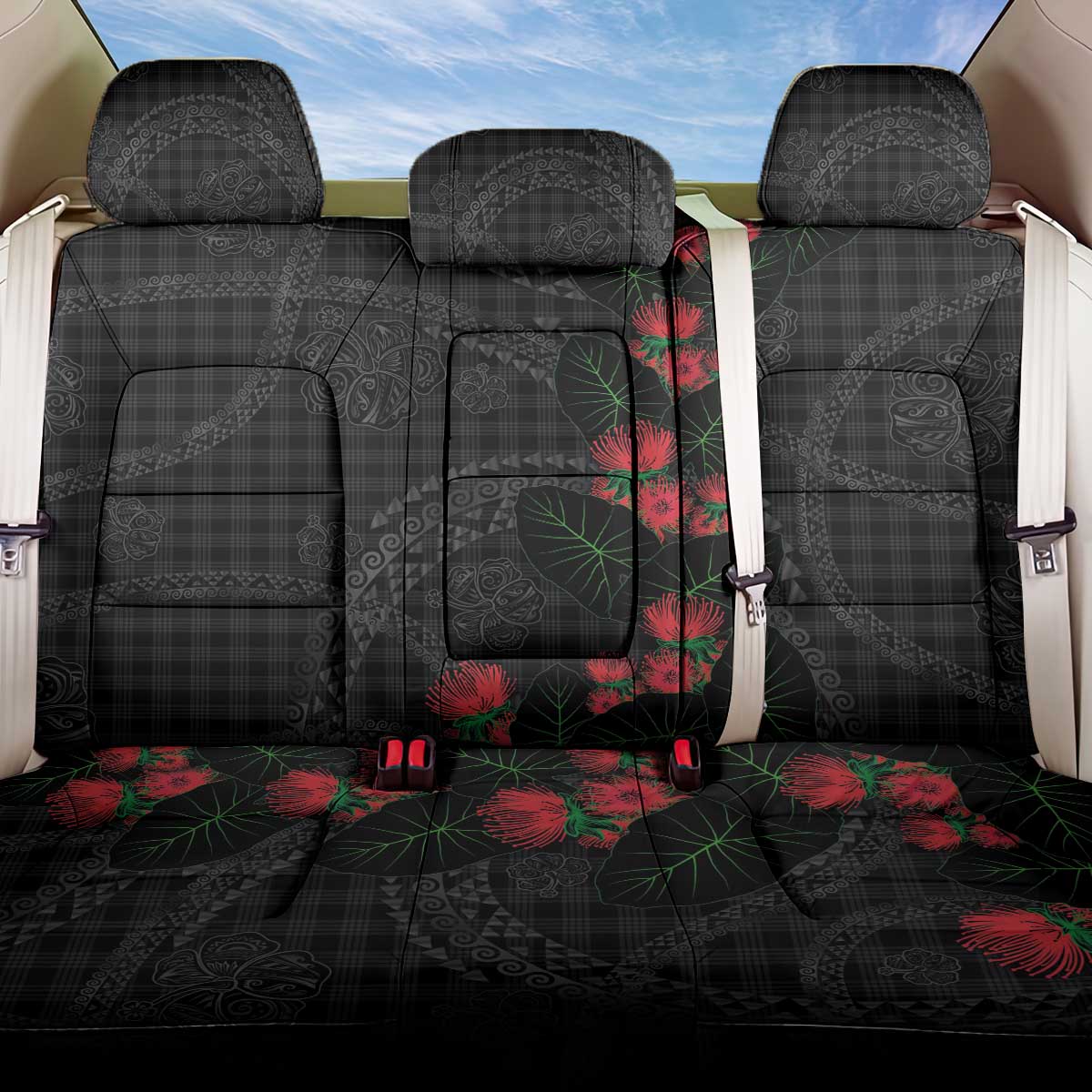 Hawaiian Kakau Art Back Car Seat Cover Taro Leaves with Ohia Lehua and Pakala Pattern LT03 One Size Black - Polynesian Pride