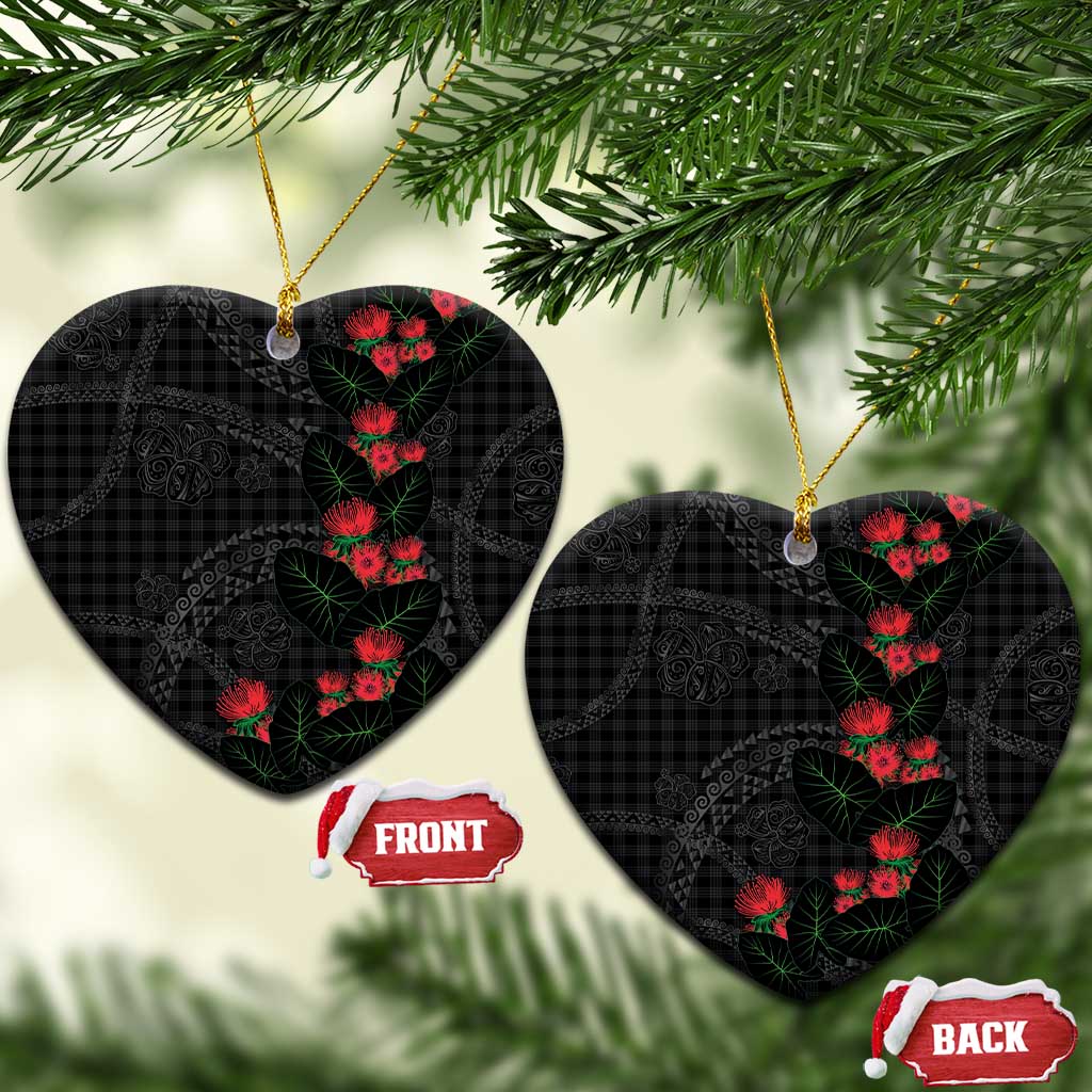 Hawaiian Kakau Art Ceramic Ornament Taro Leaves with Ohia Lehua and Pakala Pattern - Polynesian Pride