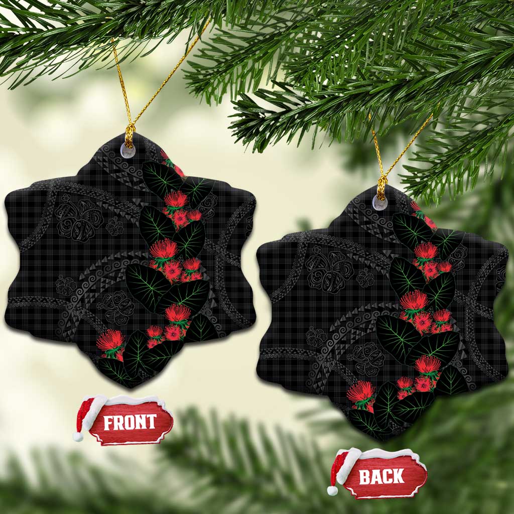 Hawaiian Kakau Art Ceramic Ornament Taro Leaves with Ohia Lehua and Pakala Pattern - Polynesian Pride
