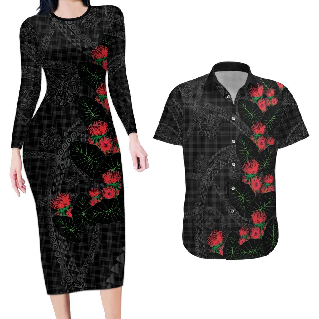 Hawaiian Kakau Art Couples Matching Long Sleeve Bodycon Dress and Hawaiian Shirt Taro Leaves with Ohia Lehua and Pakala Pattern LT03 Black - Polynesian Pride