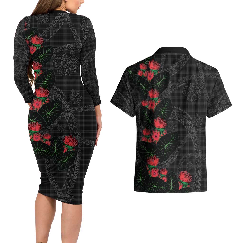 Hawaiian Kakau Art Couples Matching Long Sleeve Bodycon Dress and Hawaiian Shirt Taro Leaves with Ohia Lehua and Pakala Pattern LT03 - Polynesian Pride