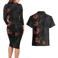 Hawaiian Kakau Art Couples Matching Long Sleeve Bodycon Dress and Hawaiian Shirt Taro Leaves with Ohia Lehua and Pakala Pattern LT03 - Polynesian Pride