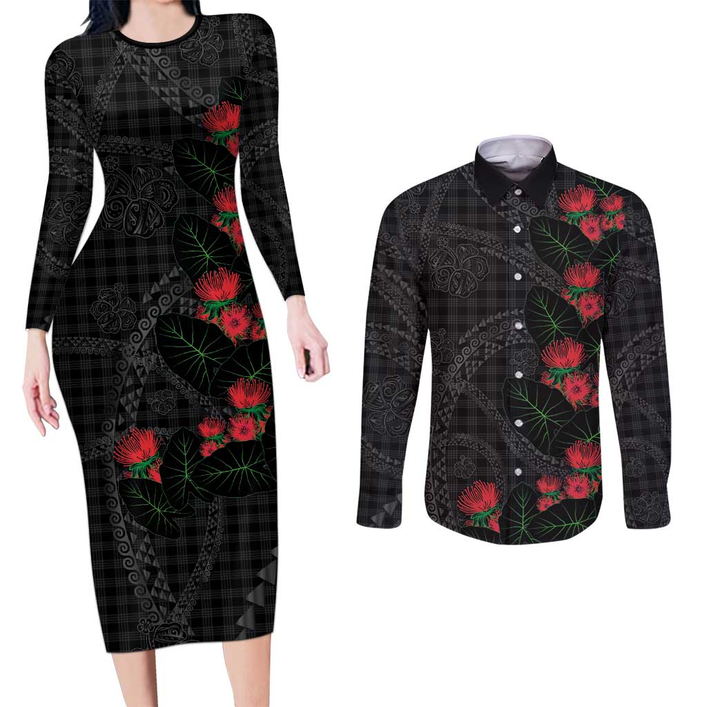 Hawaiian Kakau Art Couples Matching Long Sleeve Bodycon Dress and Long Sleeve Button Shirt Taro Leaves with Ohia Lehua and Pakala Pattern LT03 Black - Polynesian Pride