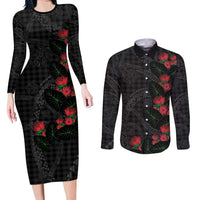 Hawaiian Kakau Art Couples Matching Long Sleeve Bodycon Dress and Long Sleeve Button Shirt Taro Leaves with Ohia Lehua and Pakala Pattern LT03 Black - Polynesian Pride