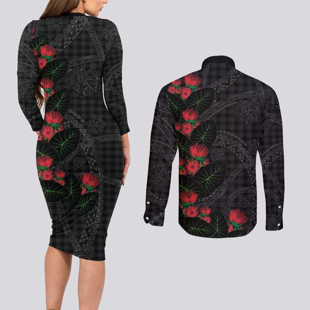 Hawaiian Kakau Art Couples Matching Long Sleeve Bodycon Dress and Long Sleeve Button Shirt Taro Leaves with Ohia Lehua and Pakala Pattern LT03 - Polynesian Pride