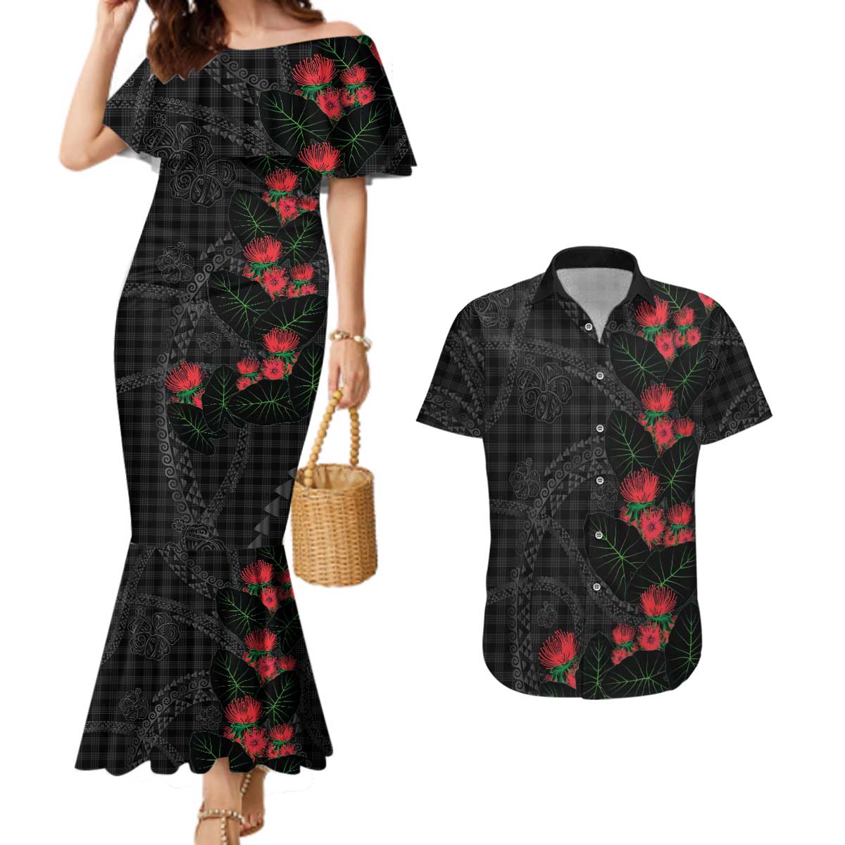 Hawaiian Kakau Art Couples Matching Mermaid Dress and Hawaiian Shirt Taro Leaves with Ohia Lehua and Pakala Pattern LT03 Black - Polynesian Pride