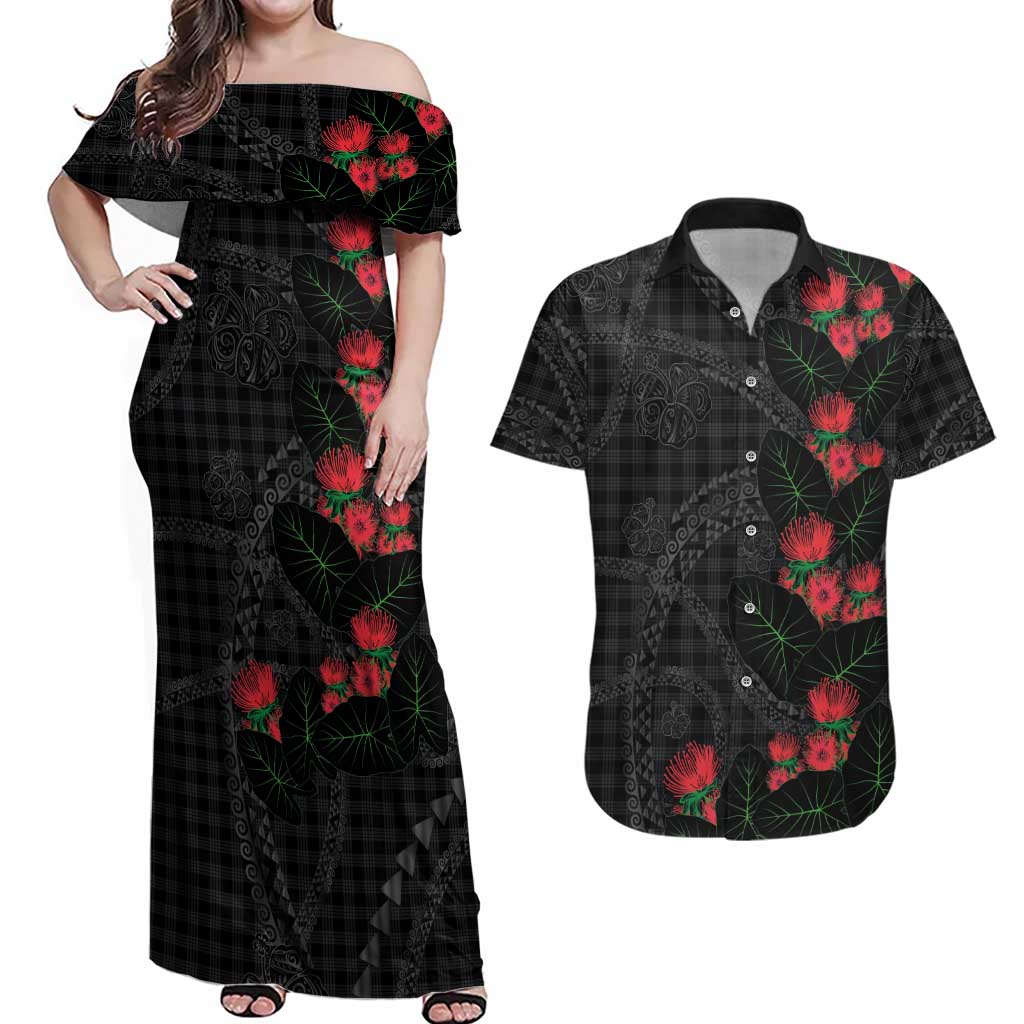 Hawaiian Kakau Art Couples Matching Off Shoulder Maxi Dress and Hawaiian Shirt Taro Leaves with Ohia Lehua and Pakala Pattern LT03 Black - Polynesian Pride
