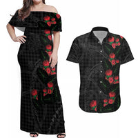 Hawaiian Kakau Art Couples Matching Off Shoulder Maxi Dress and Hawaiian Shirt Taro Leaves with Ohia Lehua and Pakala Pattern LT03 Black - Polynesian Pride