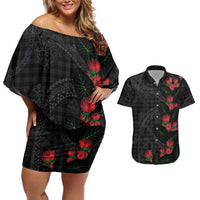Hawaiian Kakau Art Couples Matching Off Shoulder Short Dress and Hawaiian Shirt Taro Leaves with Ohia Lehua and Pakala Pattern LT03 Black - Polynesian Pride