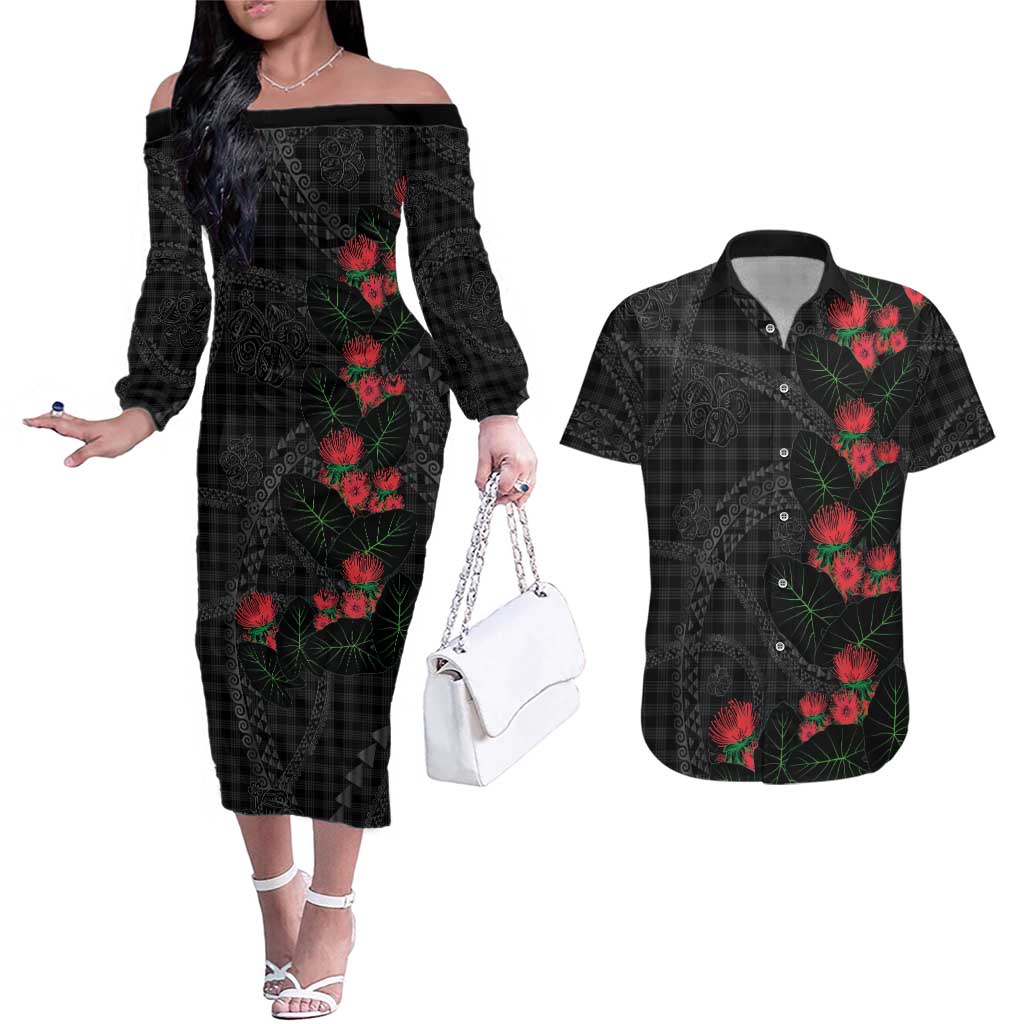 Hawaiian Kakau Art Couples Matching Off The Shoulder Long Sleeve Dress and Hawaiian Shirt Taro Leaves with Ohia Lehua and Pakala Pattern LT03 Black - Polynesian Pride