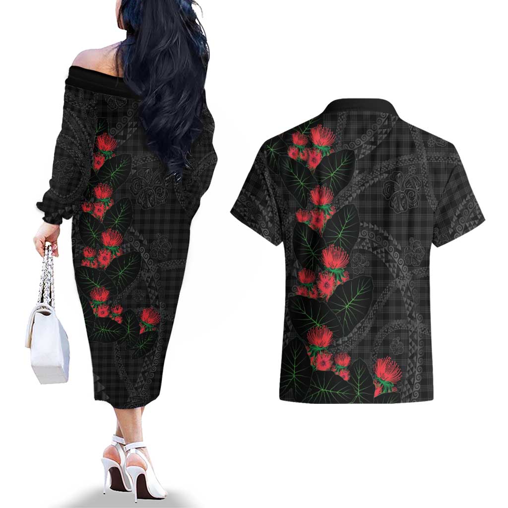 Hawaiian Kakau Art Couples Matching Off The Shoulder Long Sleeve Dress and Hawaiian Shirt Taro Leaves with Ohia Lehua and Pakala Pattern LT03 - Polynesian Pride