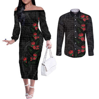 Hawaiian Kakau Art Couples Matching Off The Shoulder Long Sleeve Dress and Long Sleeve Button Shirt Taro Leaves with Ohia Lehua and Pakala Pattern LT03 Black - Polynesian Pride