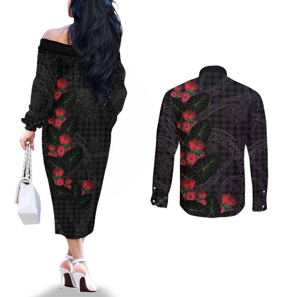 Hawaiian Kakau Art Couples Matching Off The Shoulder Long Sleeve Dress and Long Sleeve Button Shirt Taro Leaves with Ohia Lehua and Pakala Pattern LT03 - Polynesian Pride
