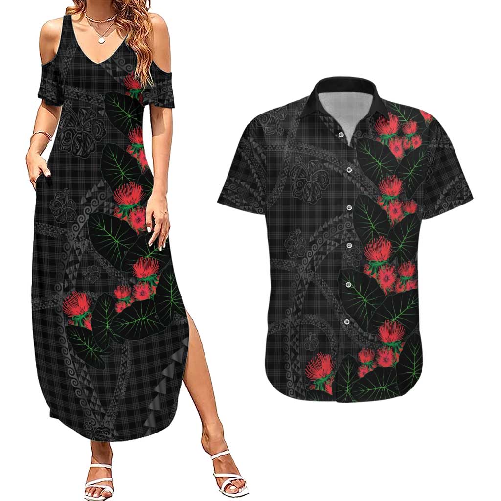 Hawaiian Kakau Art Couples Matching Summer Maxi Dress and Hawaiian Shirt Taro Leaves with Ohia Lehua and Pakala Pattern LT03 Black - Polynesian Pride