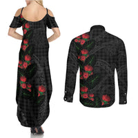 Hawaiian Kakau Art Couples Matching Summer Maxi Dress and Long Sleeve Button Shirt Taro Leaves with Ohia Lehua and Pakala Pattern - Polynesian Pride