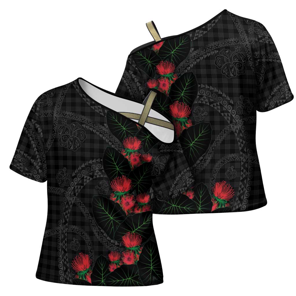 Hawaiian Kakau Art Cross Shoulder Shirt Taro Leaves with Ohia Lehua and Pakala Pattern LT03 - Polynesian Pride