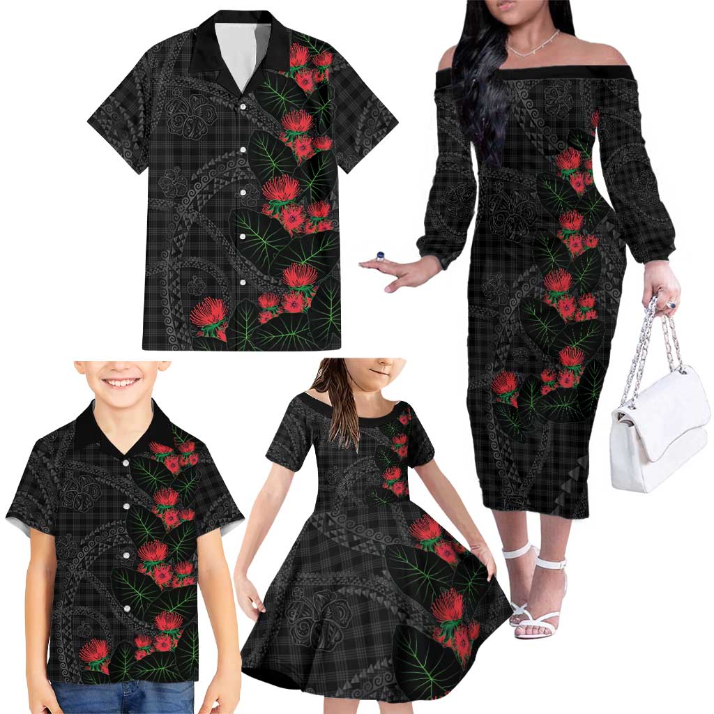 Hawaiian Kakau Art Family Matching Off The Shoulder Long Sleeve Dress and Hawaiian Shirt Taro Leaves with Ohia Lehua and Pakala Pattern LT03 - Polynesian Pride