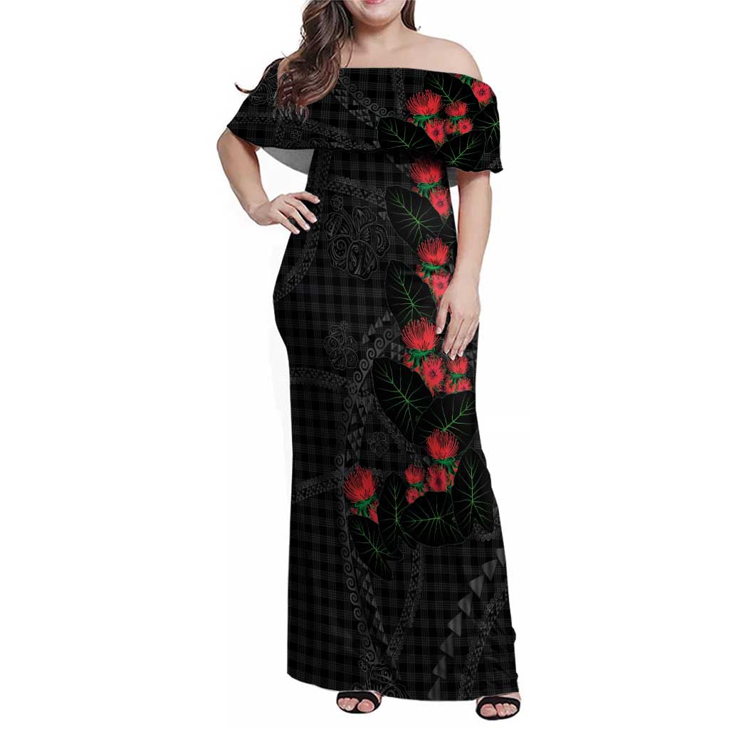 Hawaiian Kakau Art Family Matching Off Shoulder Maxi Dress and Hawaiian Shirt Taro Leaves with Ohia Lehua and Pakala Pattern LT03 Mom's Dress Black - Polynesian Pride