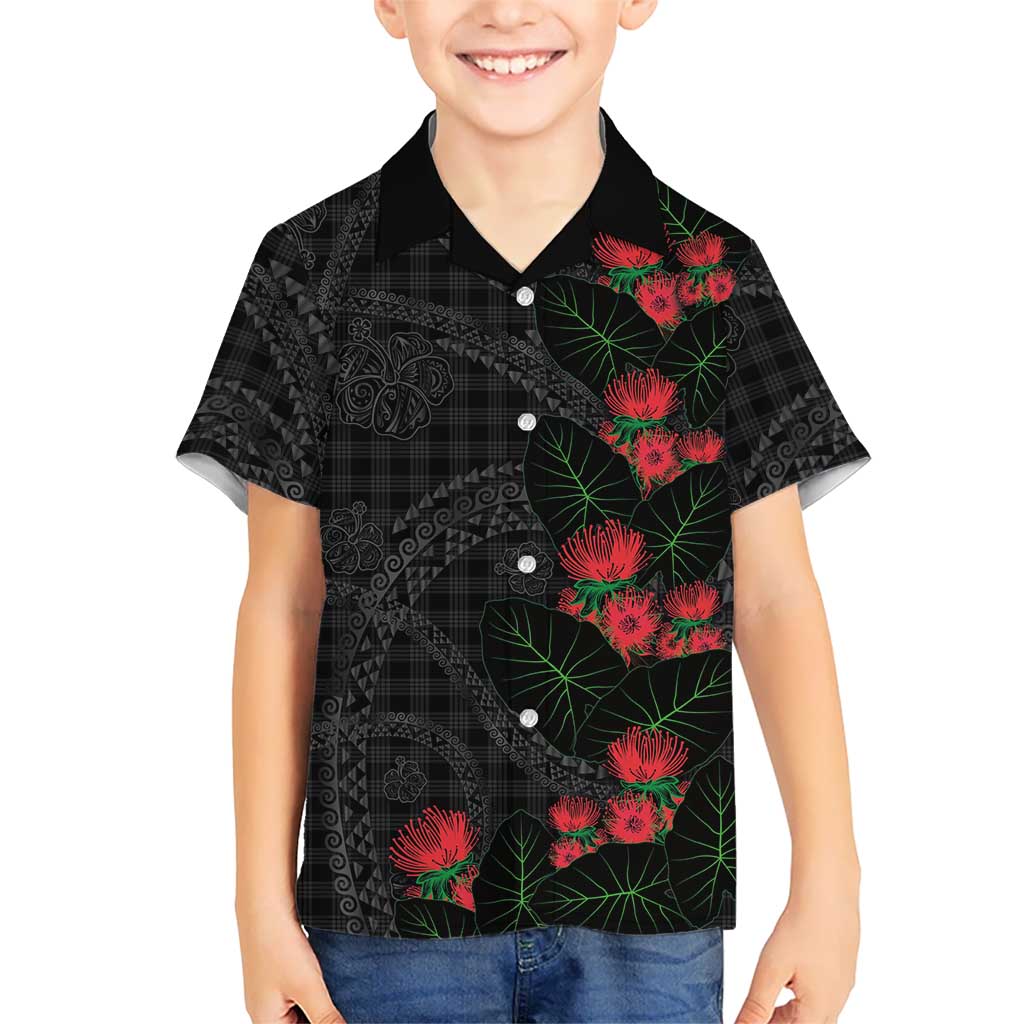 Hawaiian Kakau Art Family Matching Off Shoulder Maxi Dress and Hawaiian Shirt Taro Leaves with Ohia Lehua and Pakala Pattern LT03 Son's Shirt Black - Polynesian Pride