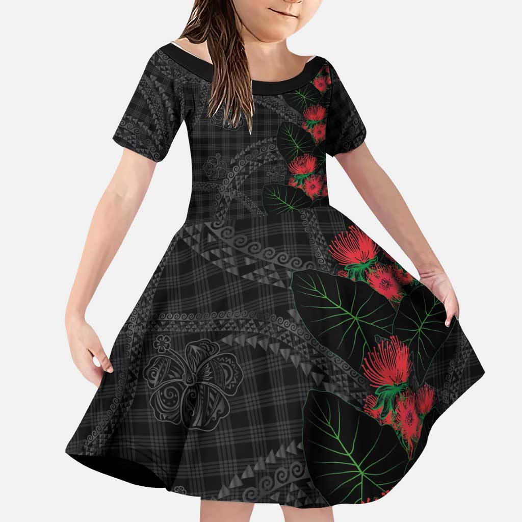 Hawaiian Kakau Art Family Matching Off Shoulder Short Dress and Hawaiian Shirt Taro Leaves with Ohia Lehua and Pakala Pattern LT03 Daughter's Dress Black - Polynesian Pride