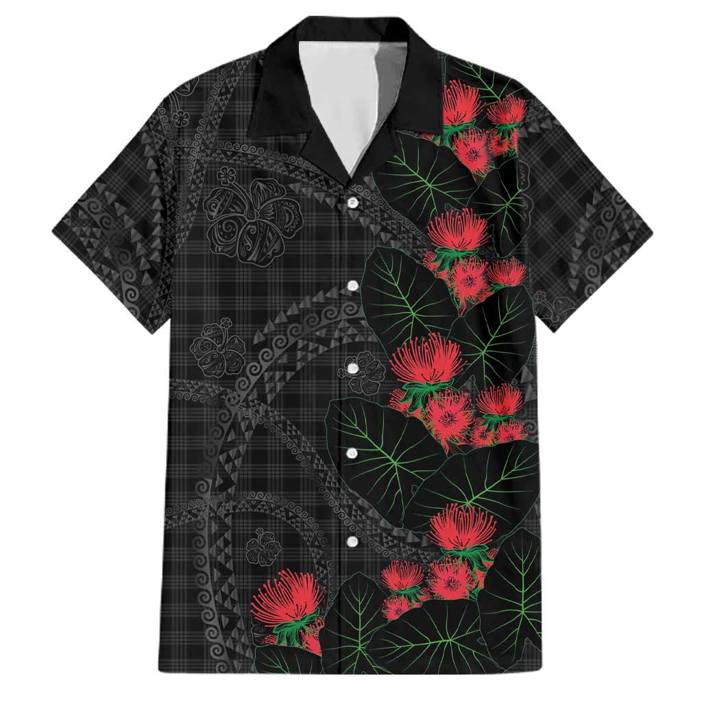 Hawaiian Kakau Art Family Matching Off Shoulder Short Dress and Hawaiian Shirt Taro Leaves with Ohia Lehua and Pakala Pattern LT03 Dad's Shirt - Short Sleeve Black - Polynesian Pride