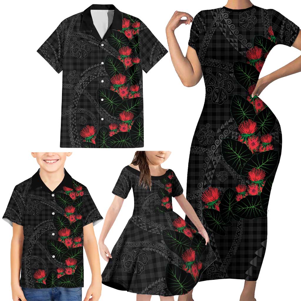 Hawaiian Kakau Art Family Matching Short Sleeve Bodycon Dress and Hawaiian Shirt Taro Leaves with Ohia Lehua and Pakala Pattern LT03 - Polynesian Pride