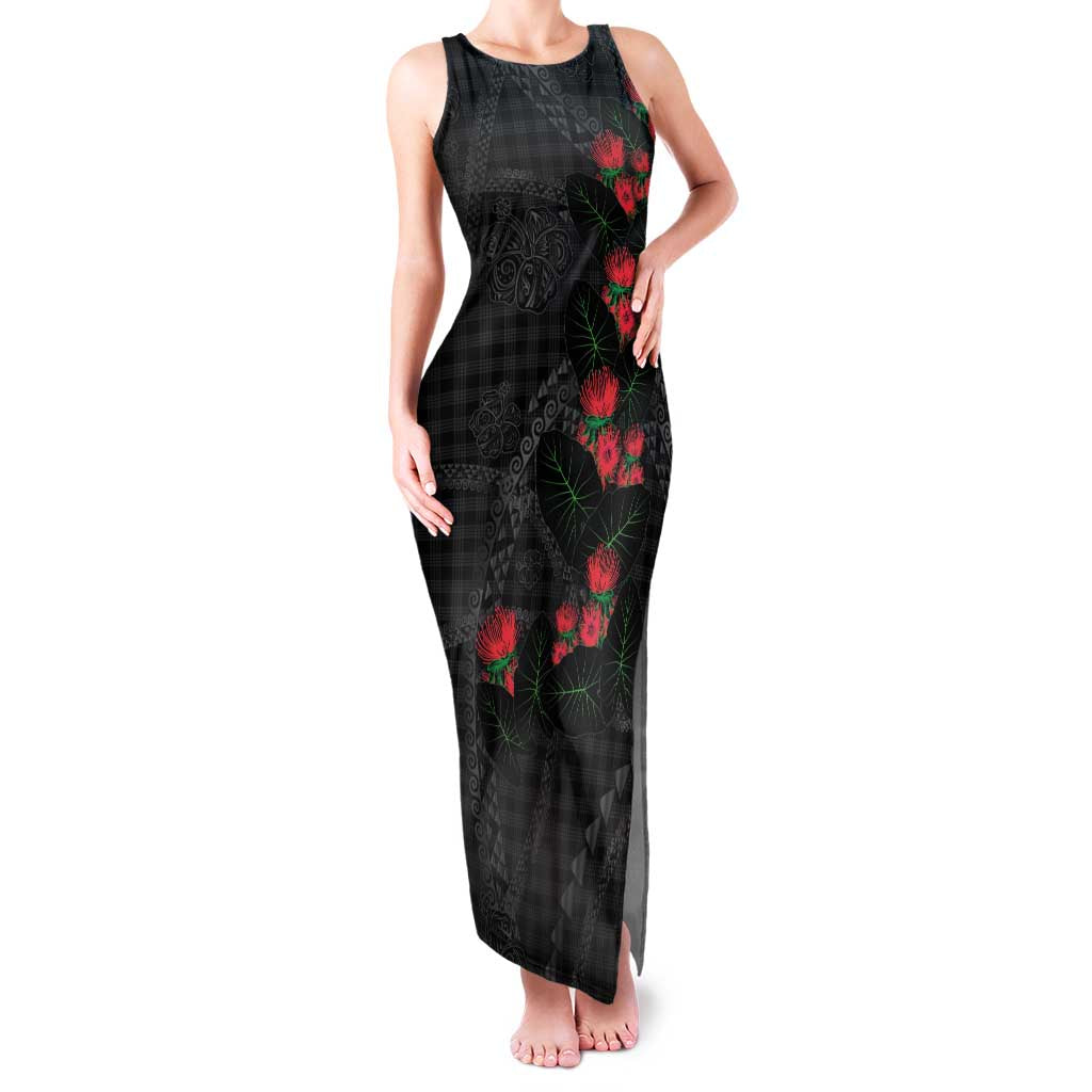 Hawaiian Kakau Art Family Matching Tank Maxi Dress and Hawaiian Shirt Taro Leaves with Ohia Lehua and Pakala Pattern LT03 Mom's Dress Black - Polynesian Pride