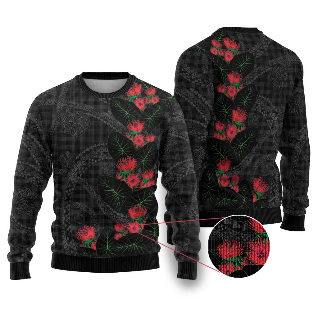 Hawaiian Kakau Art Ugly Christmas Sweater Taro Leaves with Ohia Lehua and Pakala Pattern - Polynesian Pride