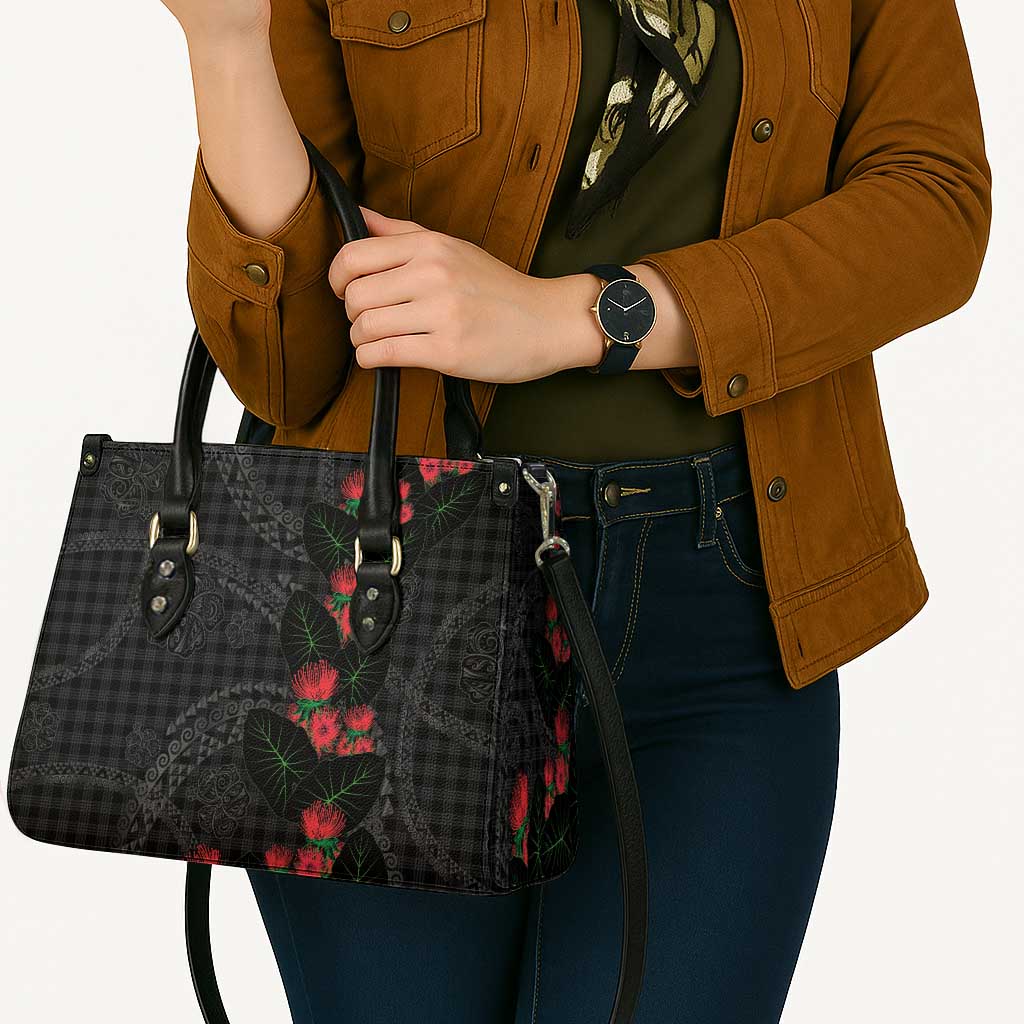 Hawaiian Kakau Art Leather Bag Taro Leaves with Ohia Lehua and Pakala Pattern - Polynesian Pride
