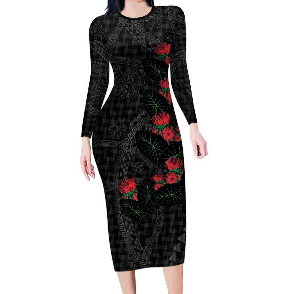 Hawaiian Kakau Art Long Sleeve Bodycon Dress Taro Leaves with Ohia Lehua and Pakala Pattern - Polynesian Pride