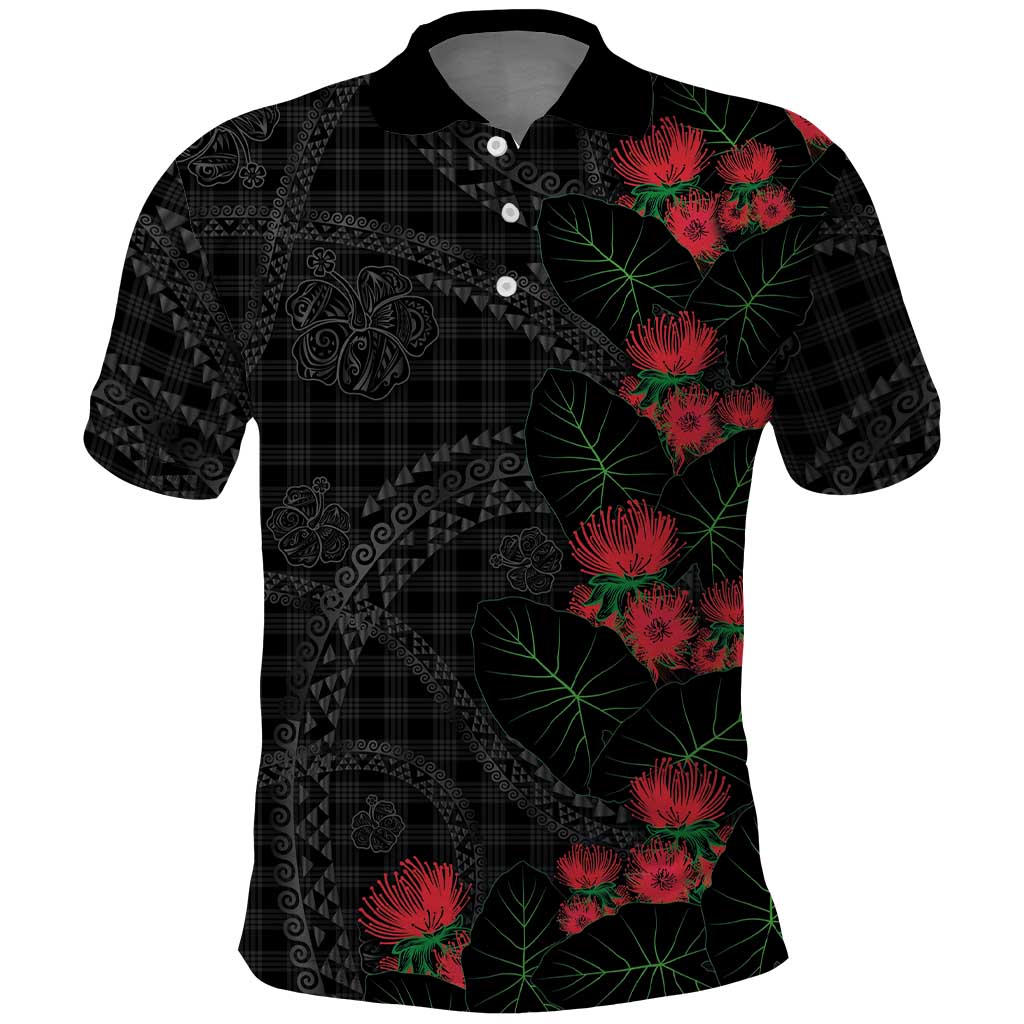Hawaiian Kakau Art Polo Shirt Taro Leaves with Ohia Lehua and Pakala Pattern LT03 Black - Polynesian Pride