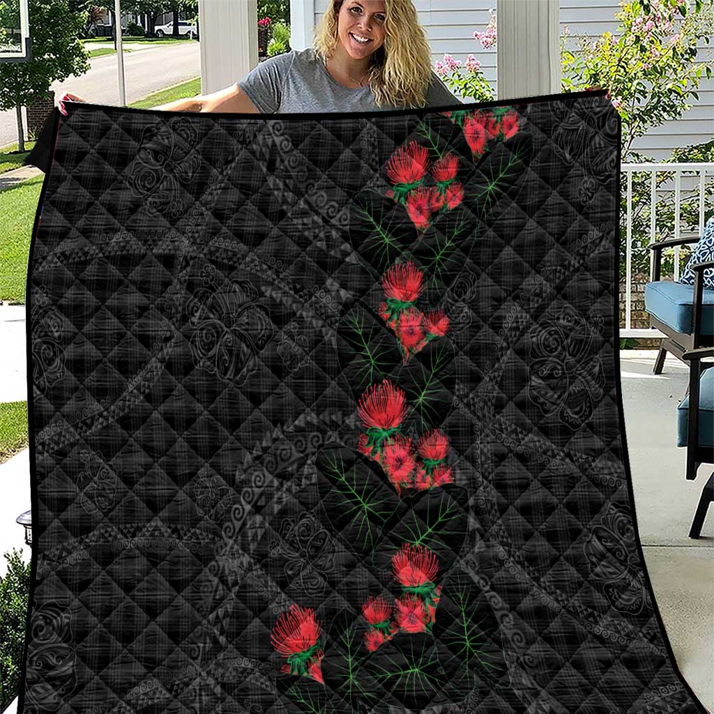 Hawaiian Kakau Art Quilt Taro Leaves with Ohia Lehua and Pakala Pattern - Polynesian Pride