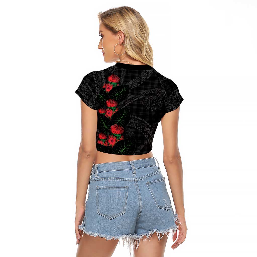 Hawaiian Kakau Art Raglan Cropped T Shirt Taro Leaves with Ohia Lehua and Pakala Pattern - Polynesian Pride