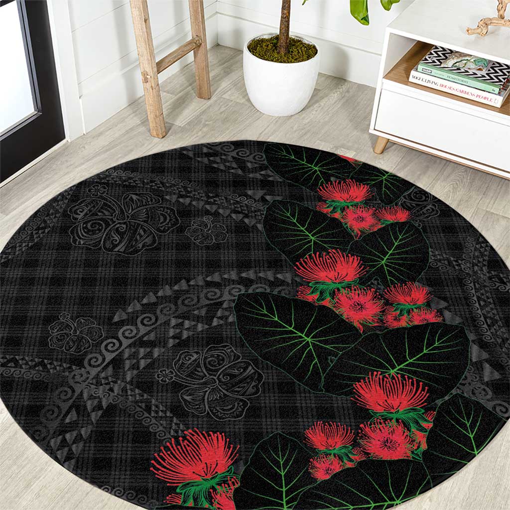 Hawaiian Kakau Art Round Carpet Taro Leaves with Ohia Lehua and Pakala Pattern - Polynesian Pride