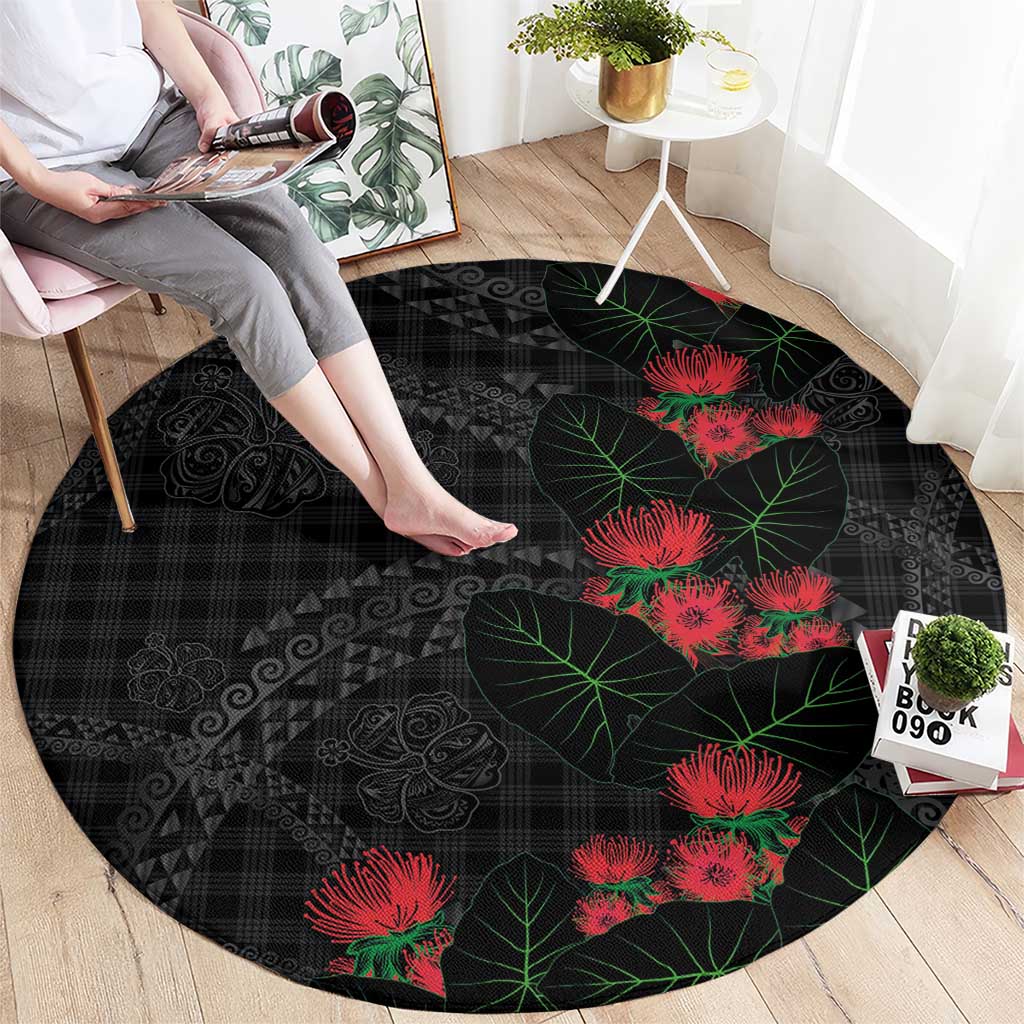 Hawaiian Kakau Art Round Carpet Taro Leaves with Ohia Lehua and Pakala Pattern - Polynesian Pride