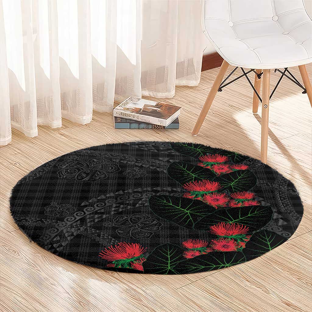 Hawaiian Kakau Art Round Carpet Taro Leaves with Ohia Lehua and Pakala Pattern - Polynesian Pride