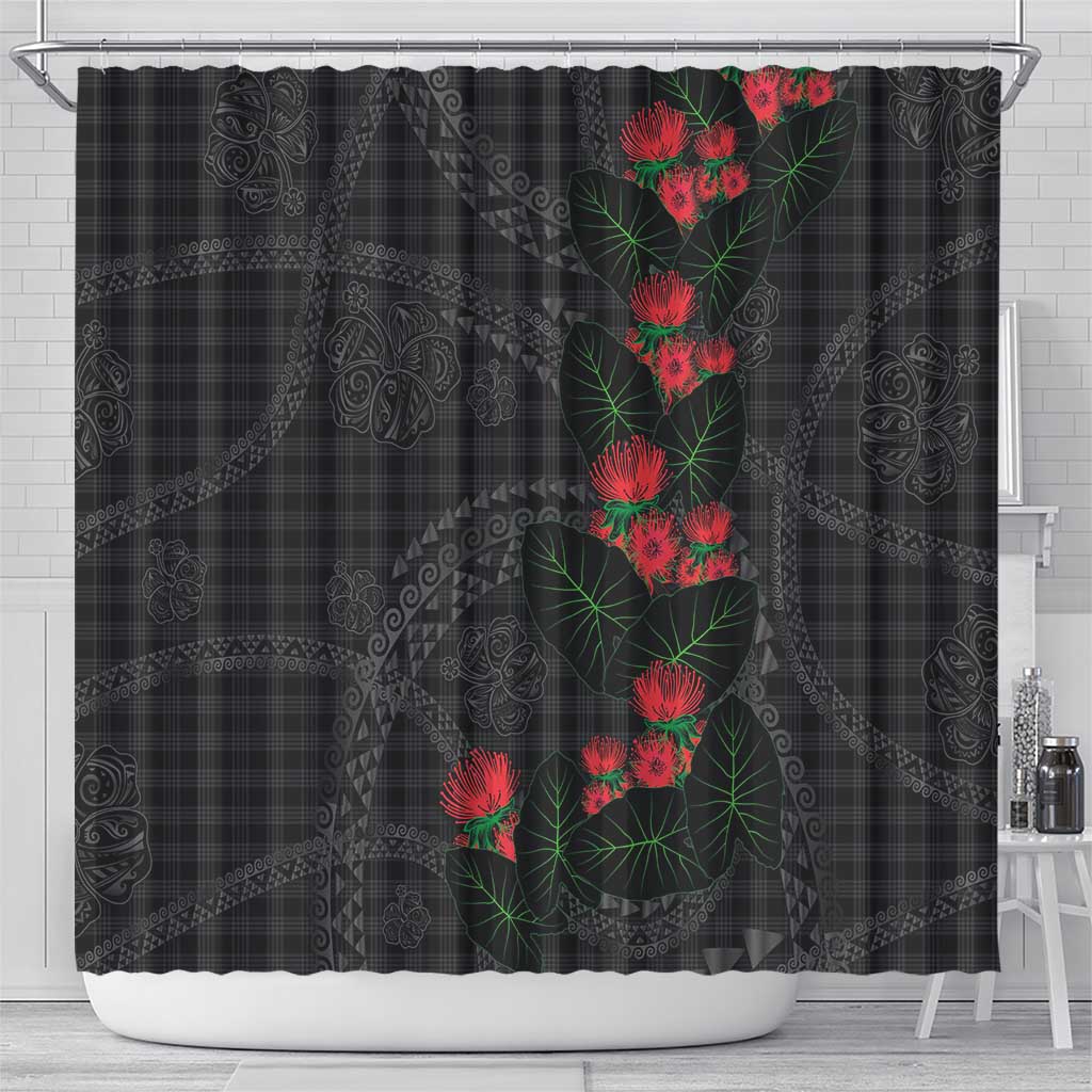 Hawaiian Kakau Art Shower Curtain Taro Leaves with Ohia Lehua and Pakala Pattern - Polynesian Pride